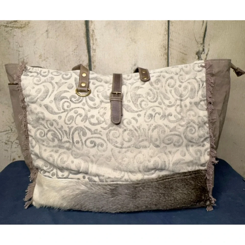 Myra Weekender Tote Canvas Leather Cowhide Hair Chic Fringe Travel Bag ZipBuckle